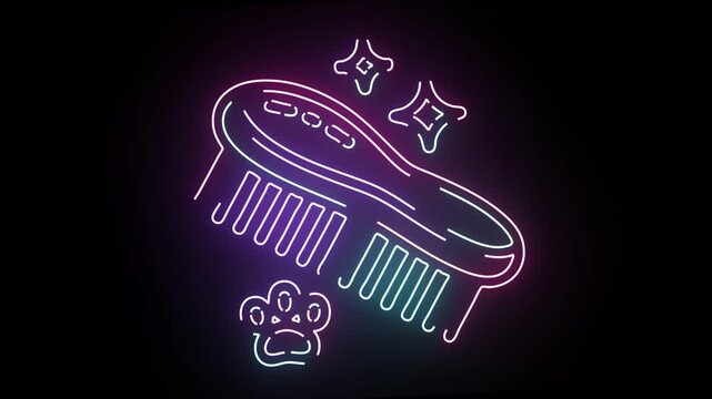 Neon Light Animation Of A Pet Grooming Brush Glowing Against A Solid Dark Background With A Soft Paw Print Icon And Sparkling Stars Illustrating Professional Animal Care And Quality Pet Hygiene Servic