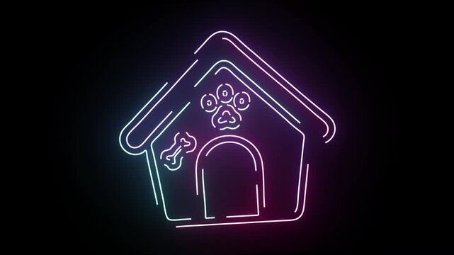 Abstract Neon Dog House Icon Animation Featuring Vibrant Glowing Colors Lines And A Paw Print Design Against A Minimalist Dark Background For Professional Digital Marketing And Social Media Pet Projec