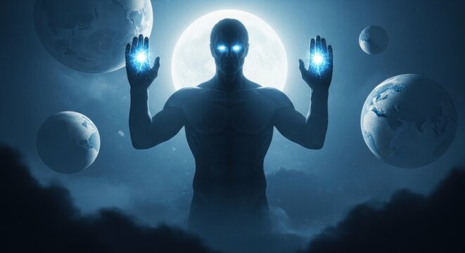 Silhouette of a powerful cosmic entity with glowing blue eyes and energy radiating from hands standing before a large moon and multiple planets in deep space