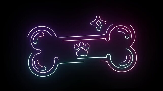 Neon Dog Bone Icon Animation Glowing with Vibrant Gradient Colors and Pulsing Sparkle Effect Featuring a Central Paw Print Shape against a Solid Dark Background for Pet Shop and Veterinary Branding