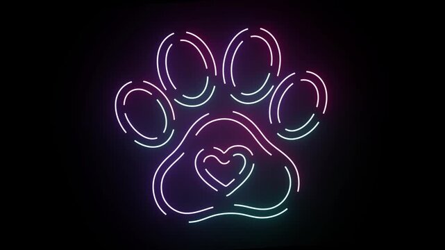 A vibrant glowing neon animal paw print featuring a central heart shape animated with flickering light pulses against a solid dark black background creating a modern digital art style motion graphic l