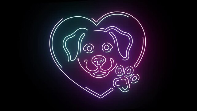 A vibrant glowing neon sign showing an adorable dog head and paw print inside a heart shape with smooth color transitions set against a solid dark black background ideal for pet shop branding themes