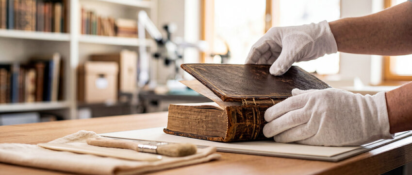 Archivist conserving an antique book with white gloves in a book restoration studio carefully rebinding and preserving a rare volume