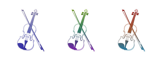 Set of three colorful violin illustrations with bows © MDBodrul