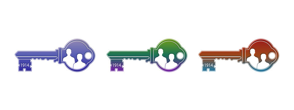 Three colorful keys with human silhouettes and 1914 label
