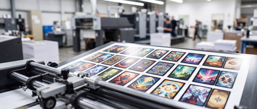 Commercial printing press producing colorful game and tarot cards on industrial production line
