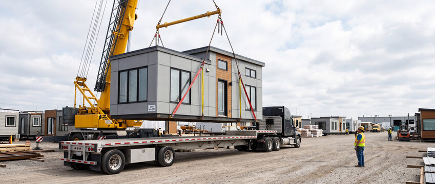 Crane lifting modular home unit onto flatbed truck at prefab construction yard with workers