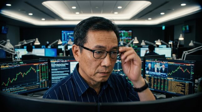 Focused trader analyzing financial data on multiple screens.