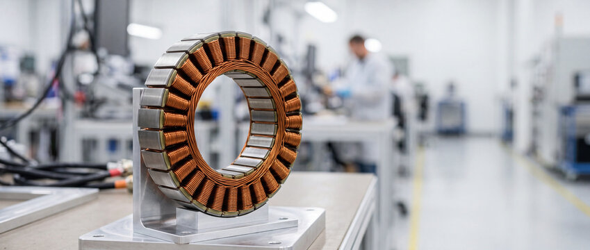 Electric motor stator with copper windings on workbench in modern manufacturing lab