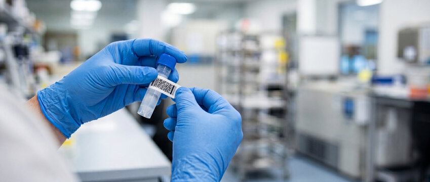 Laboratory technician labeling a sample tube with barcode in clinical research laboratory
