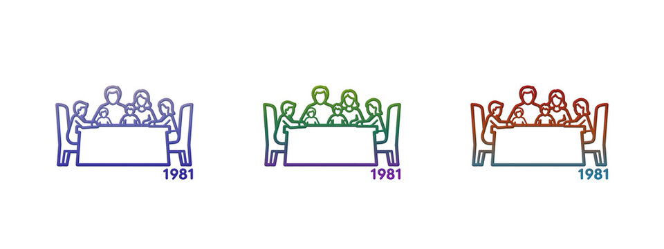 Colorful line art icon of a family eating at a table 1981