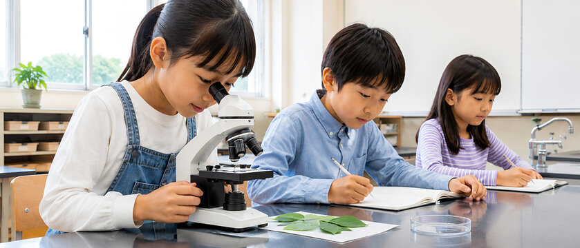 理科実験で顕微鏡観察をする小学生