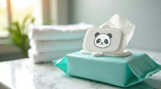 Cute stuffed panda toy resting on turquoise gift box at home.