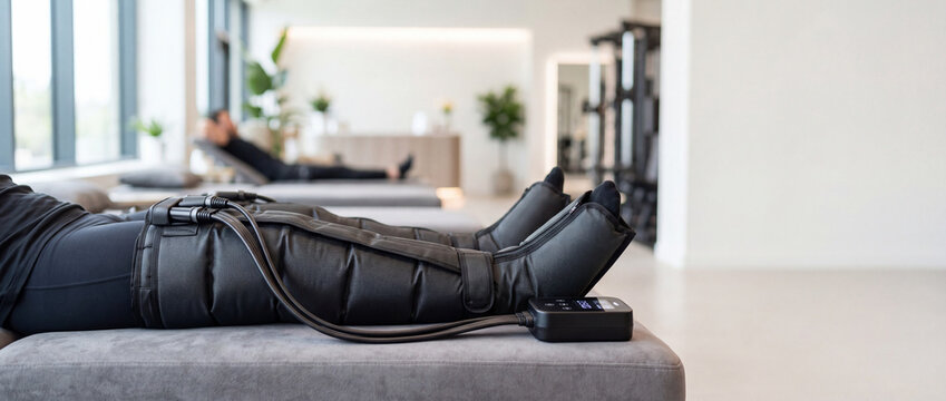 Athlete using compression therapy boots for leg recovery and circulation in modern wellness clinic