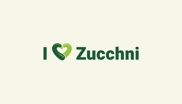 Simple text graphic stating I love zucchini featuring a heart shape formed by two curved green zucchinis on a cream background.