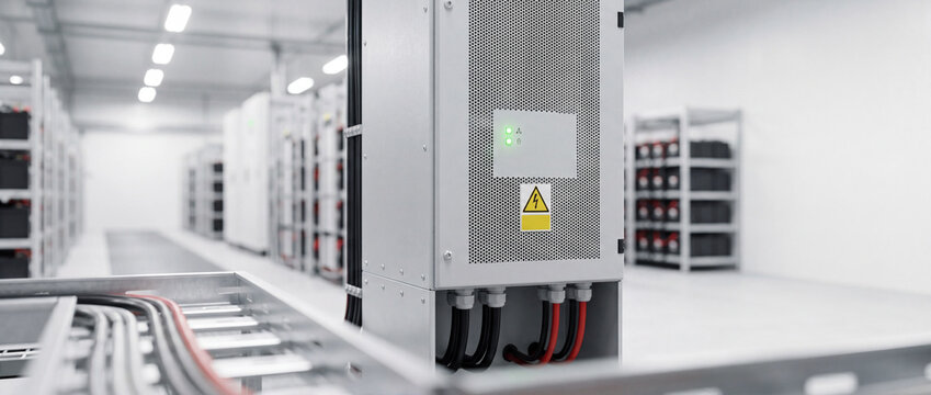 Industrial battery energy storage system rack in modern data center power room with cables