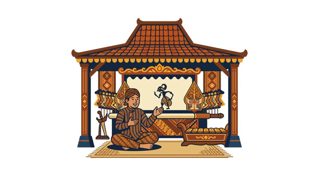 Balinese Wayang Kulit puppeteer in a traditional pavilion.