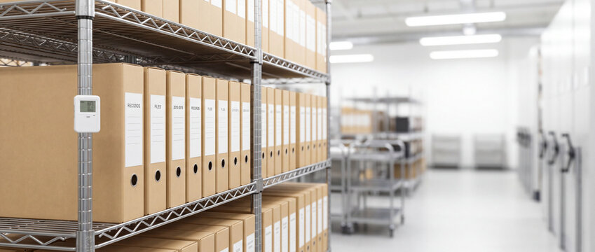 Organized archive storage room with cardboard record boxes on metal shelving and climate monitor
