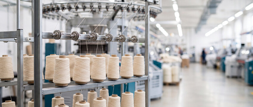 Yarn spools and textile machinery in a modern fabric factory production line