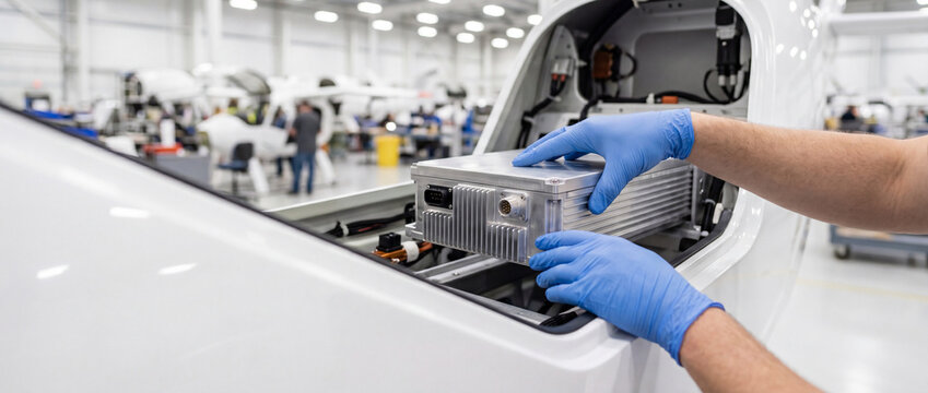 Technician installing battery pack in electric aircraft during aerospace manufacturing and maintenance in modern factory
