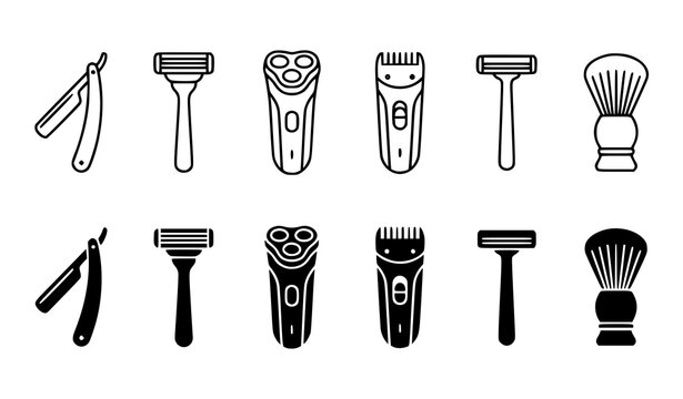 Shaving Razor Outline and Flat Icon Collection Grooming Equipment Vector Illustration Set