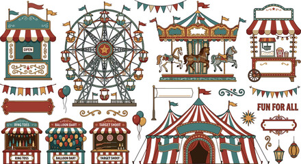 Vintage Amusement Park and Vintage Carnival Circus Vector Element Set with Ferris Wheel Carousel Tent Food Stalls Games and Decorative Banners © Monirul