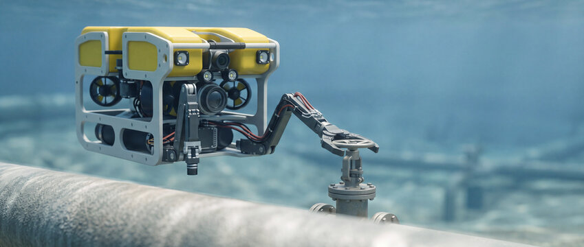 Underwater inspection robot ROV performing subsea pipeline valve inspection with robotic arm