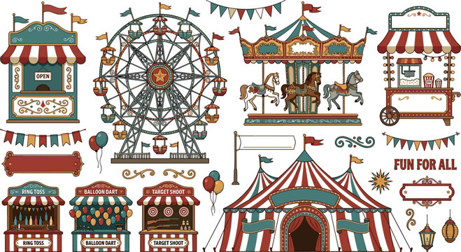Vintage Amusement Park and Vintage Carnival Circus Vector Element Set with Ferris Wheel Carousel Tent Food Stalls Games and Decorative Banners