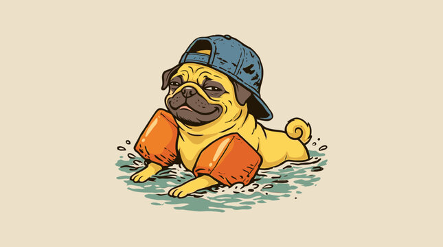 Funny cool pug dog swimming with backward hat and orange floaties, retro vector illustration for summer t-shirt design and pet apparel
