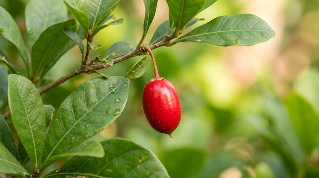 Karonda Fruit on Tree Branch, Red Tropical Berry, Fresh Organic Fruit, Nature Close Up