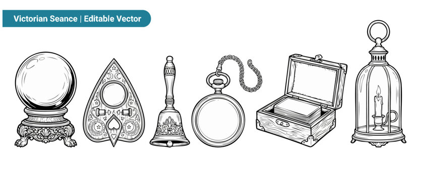 Victorian seance occult vector set featuring gothic divination objects including crystal ball, planchette, bell, pocket watch, tarot box and candle lantern. Mystical black and white line art drawings.