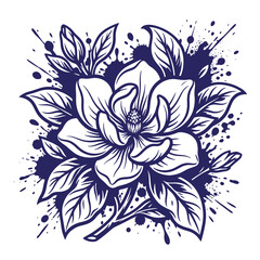 Fototapeta premium Detailed magnolia flower with dark blue ink splatter effects on a clean white background, featuring intricate petal lines and botanical leaves for artistic projects and t-shirt poster