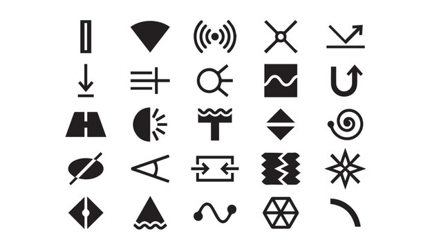 Minimalist black technical and analytical data icons with technical, abstract
