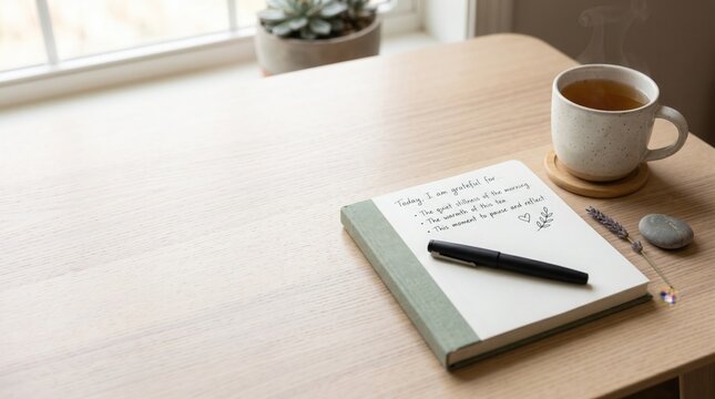 Journaling with tea and plant on a wooden desk by the window