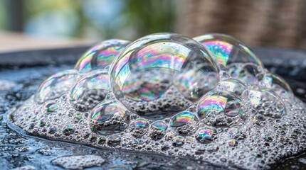 Naklejka premium Colorful soap bubble reflecting nature on a rough stone surface outdoors.