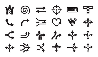 Fototapeta premium Diverse set of directional path and navigation symbols with direction, junction