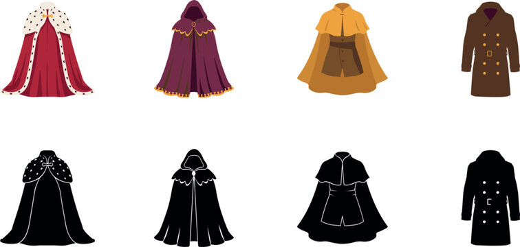 Set of medieval royal capes cloaks and coats illustrations with silhouettes isolated on white vector
