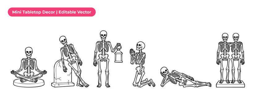 Halloween skeleton vector line art set of spooky tabletop decor figurines featuring funny poses including meditating, praying, leaning on gravestone, holding lantern, and conjoined twin bones.