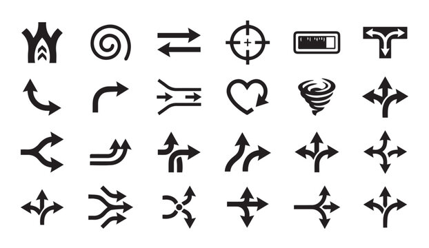 Diverse set of directional path and navigation symbols with direction, junction