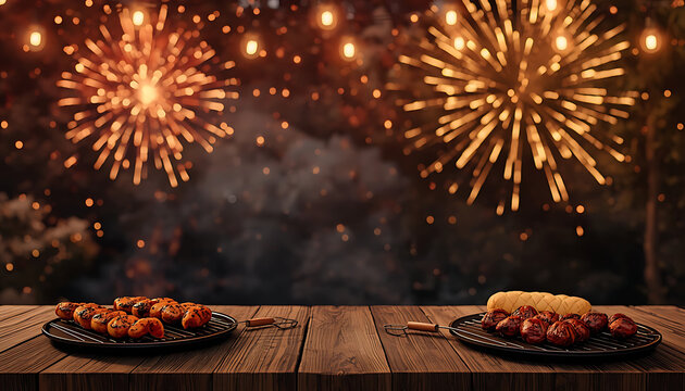 A festive outdoor barbecue scene featuring grilled meat on wooden tables under a backdrop of fireworks