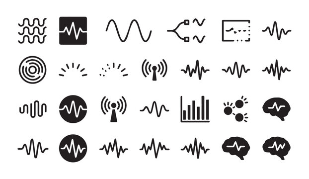 Set of various audio waveform and sound frequency signal icons with waveform