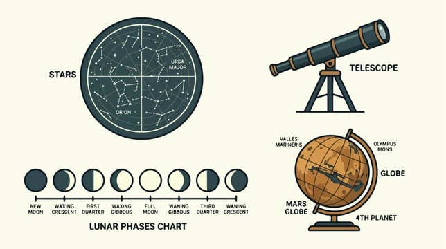 Set of astronomical instruments including a star chart telescope lunar phases chart and a globe.