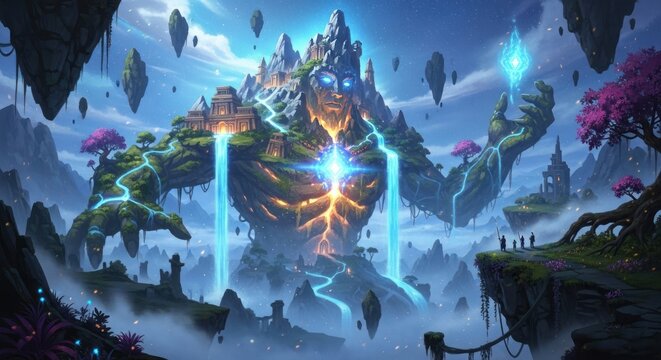 Giant stone titan mountain spirit with glowing blue eyes and waterfalls in a fantasy landscape with floating islands and ancient temple architecture in digital art