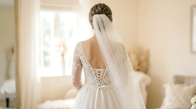 Back View of Bride in Elegant White Lace Wedding Dress and Long Veil Preparing for Ceremony