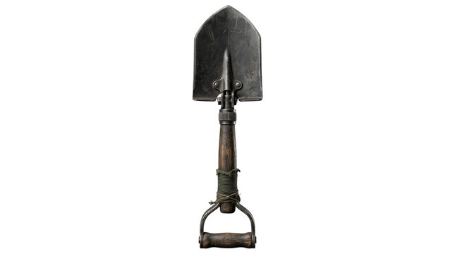 Old military entrenching tool with wooden handle isolated on transparent background