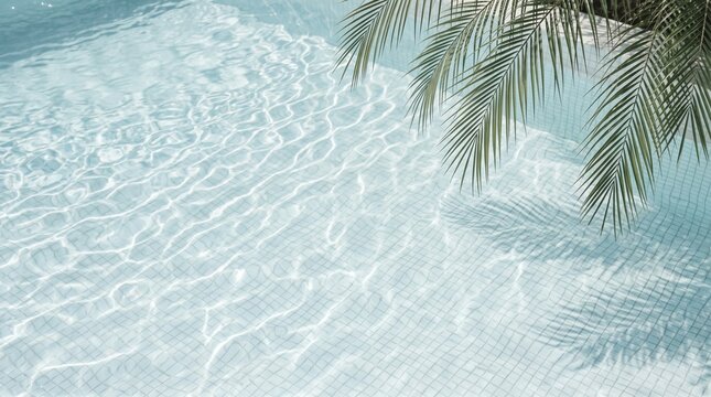 Clear turquoise swimming pool water with bright sunlight reflections and a palm leaf shadow cast on the tiled bottom for a relaxing summer vacation atmosphere
