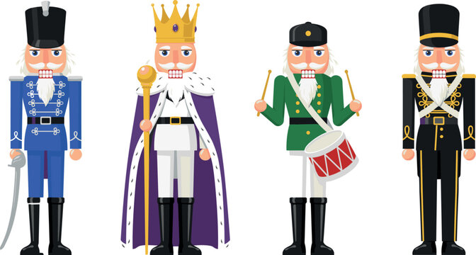 Set of traditional christmas nutcracker soldier characters and king illustration isolated on white vector