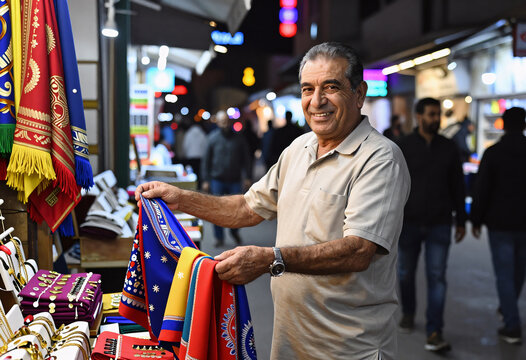Venezuelan Vendor Selling Colorful Fabrics and Jewelry in Baghdad Night Market