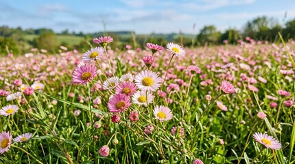 Fototapeta premium Vibrant pink wildflowers blooming in a lush green meadow under clear skies.