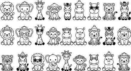 Cute safari animal vector line icon set featuring cartoon lion elephant giraffe monkey zebra hippo and leopard characters with hats and glasses © Rakib